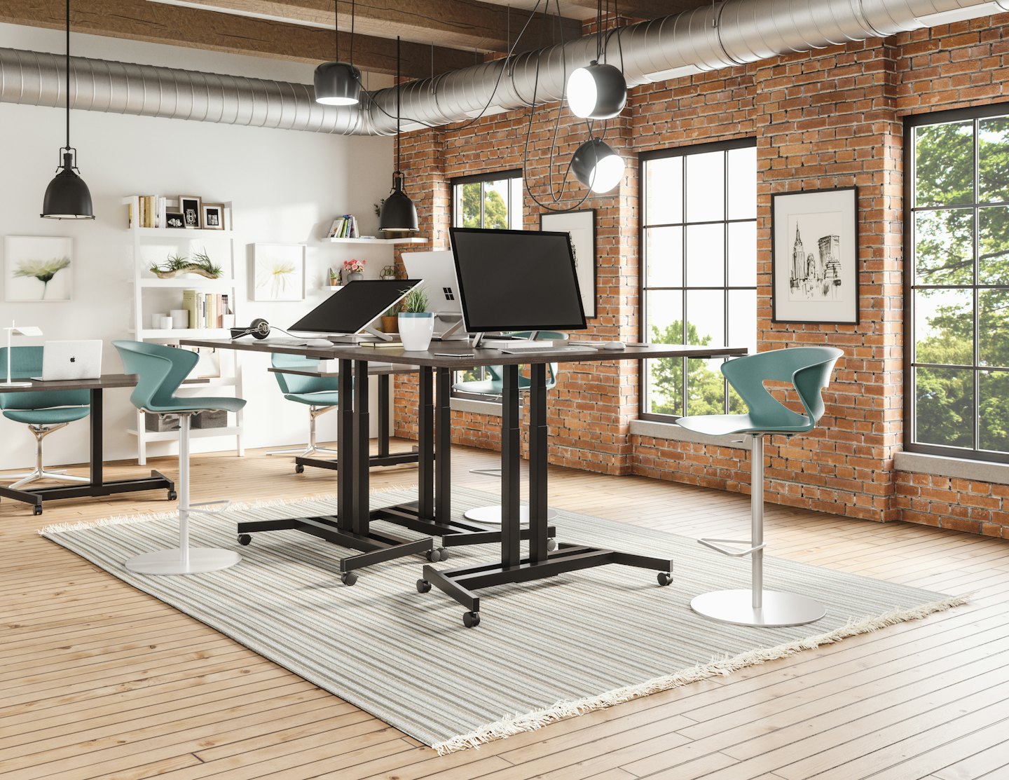 Modern office with standing desks and teal chairs.